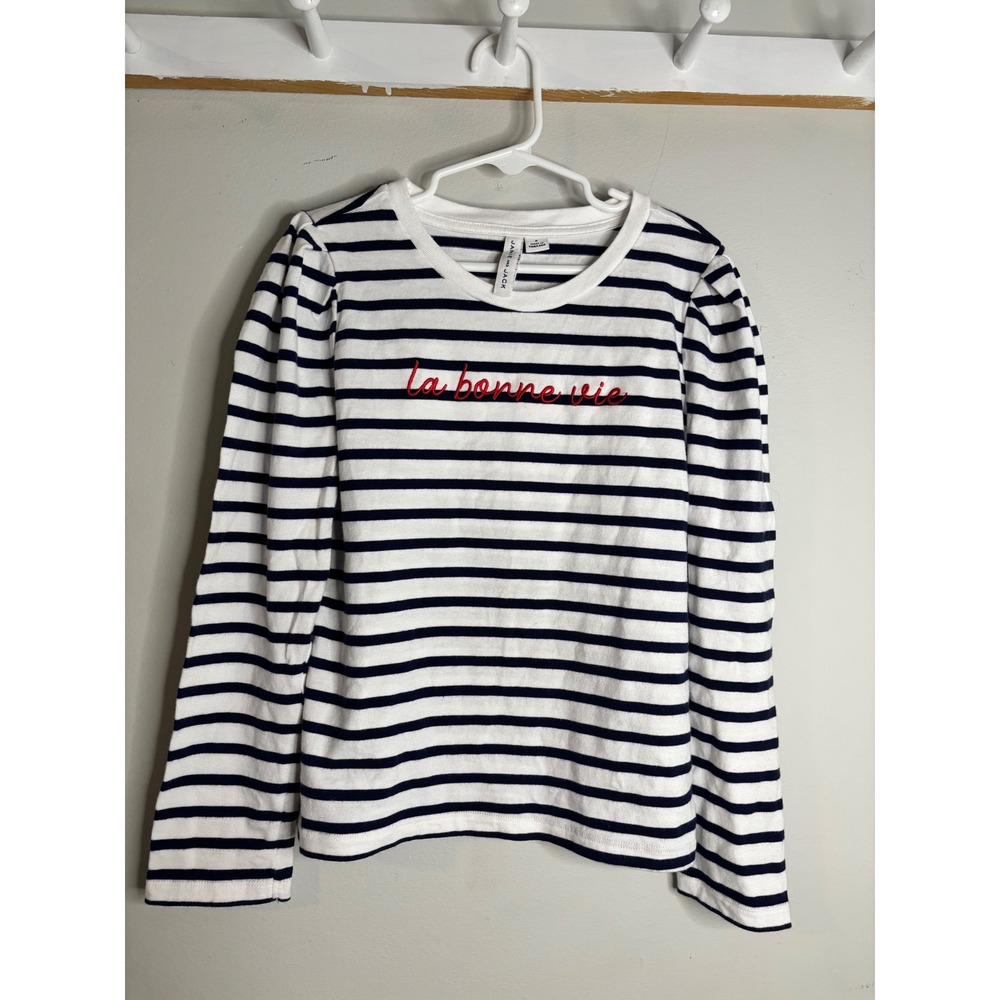 Janie and Jack La Bonne Vie Puff Sleeve Striped Top Navy Girls Size 8